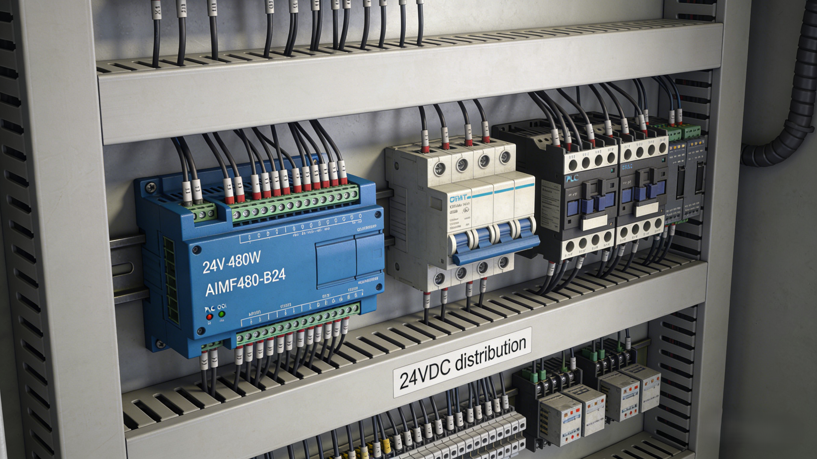 Industrial automation control cabinet with PLC, breakers, relays, and the AIMF480-B24 powering a 24VDC rail on DIN rail in a clean US panel build.