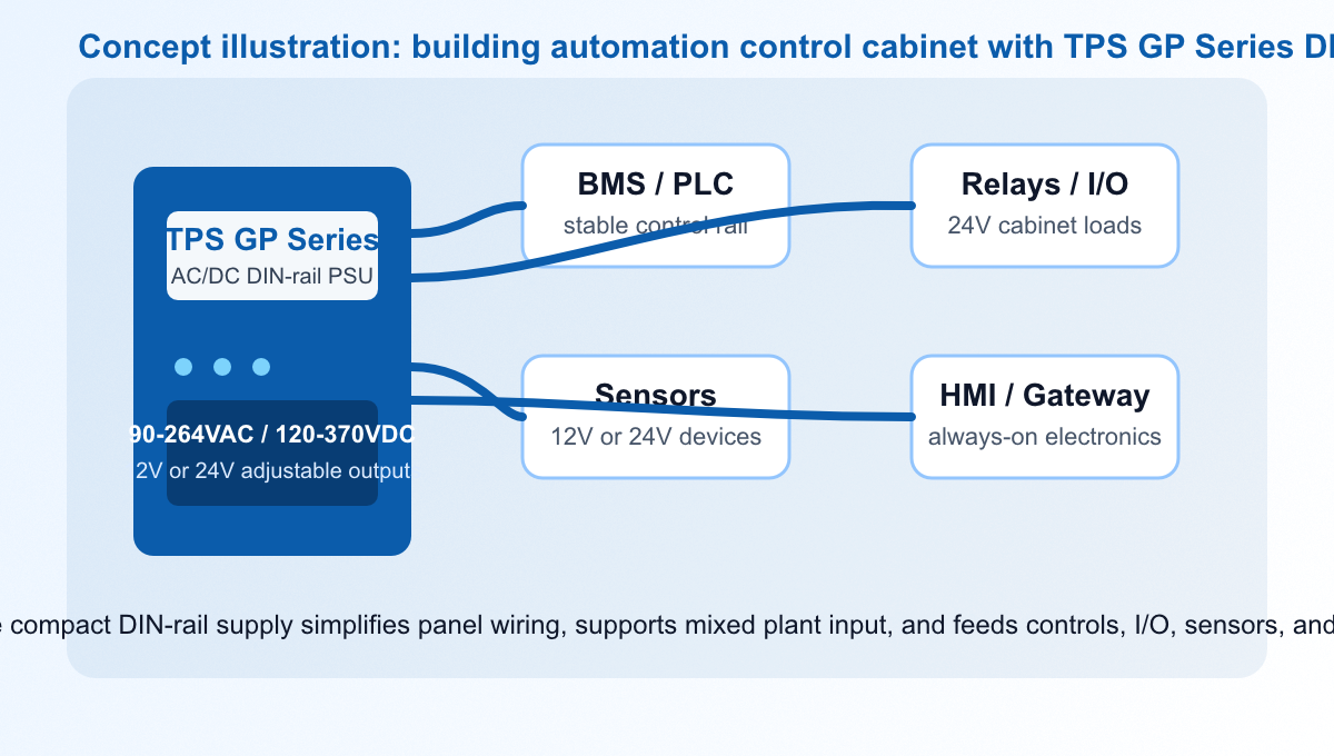Generated concept illustration of a building automation control cabinet powered by a TPS GP Series DIN-rail power supply feeding PLC, relays, sensors, and gateway devices.