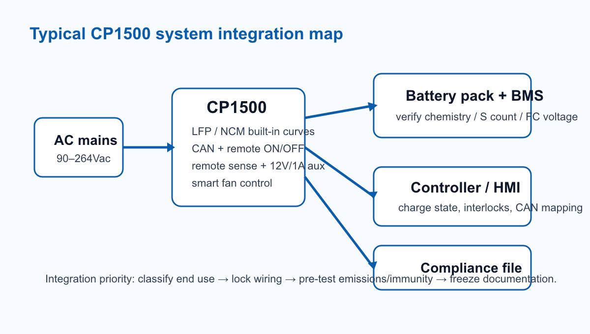 Generated system diagram showing AC mains feeding the CP1500 charger, with connections to the battery pack and BMS, controller and HMI, and the compliance documentation package.