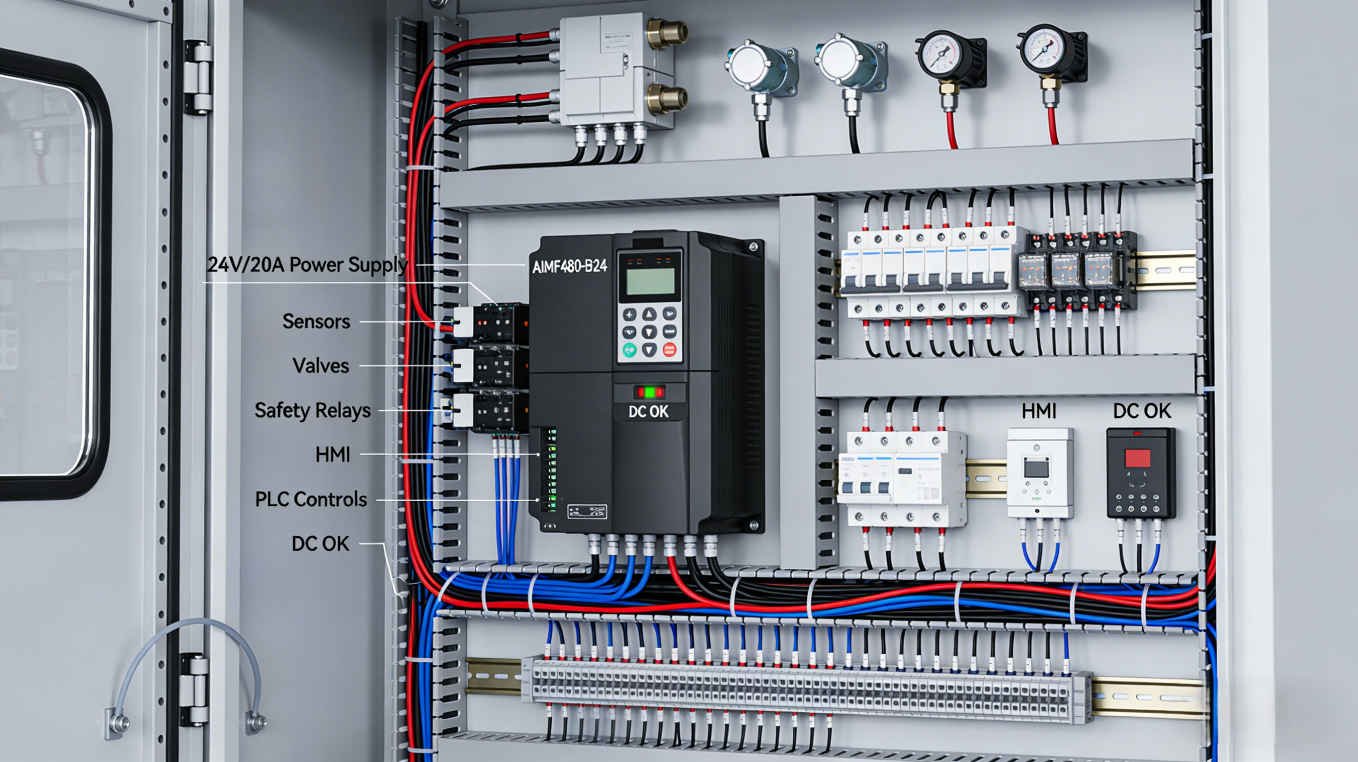 Machine skid electrical subpanel showing the AIMF480-B24 feeding valves, sensors, safety relays, and a PLC with labeled wiring and DC OK monitoring.