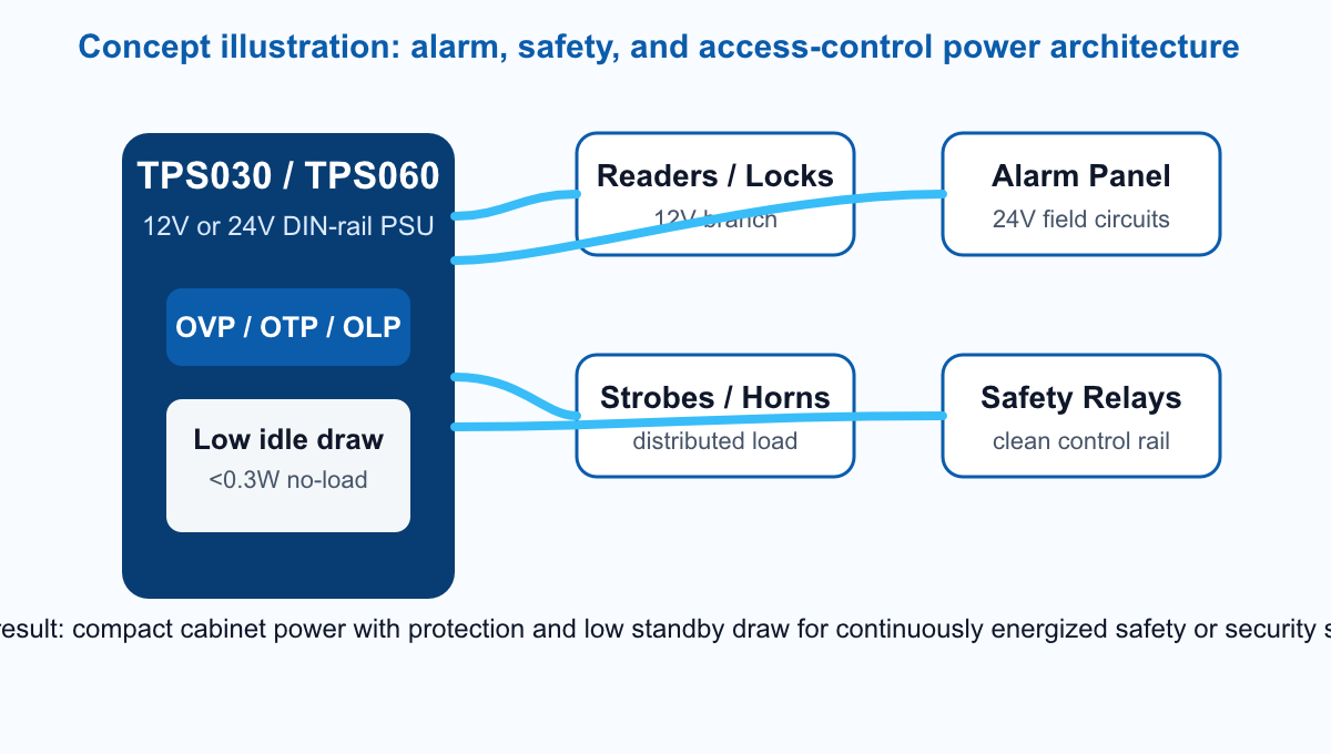Generated concept illustration of an alarm, safety, and access-control cabinet powered by a TPS030 or TPS060 DIN-rail power supply feeding locks, readers, alarm panel, strobes, and safety relays.
