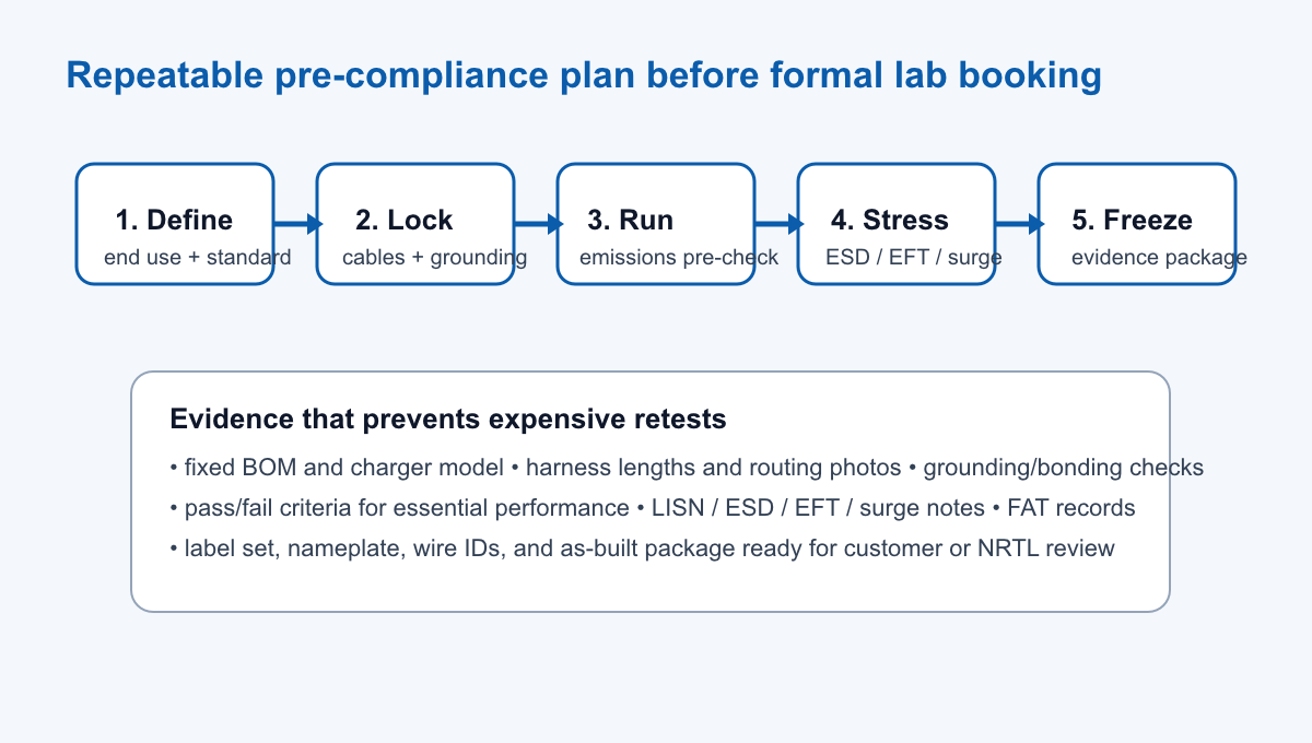 Flow diagram showing a five-step pre-compliance workflow: define the end use and standard, lock cables and grounding, run emissions pre-checks, apply ESD EFT and surge stress, and freeze the evidence package.
