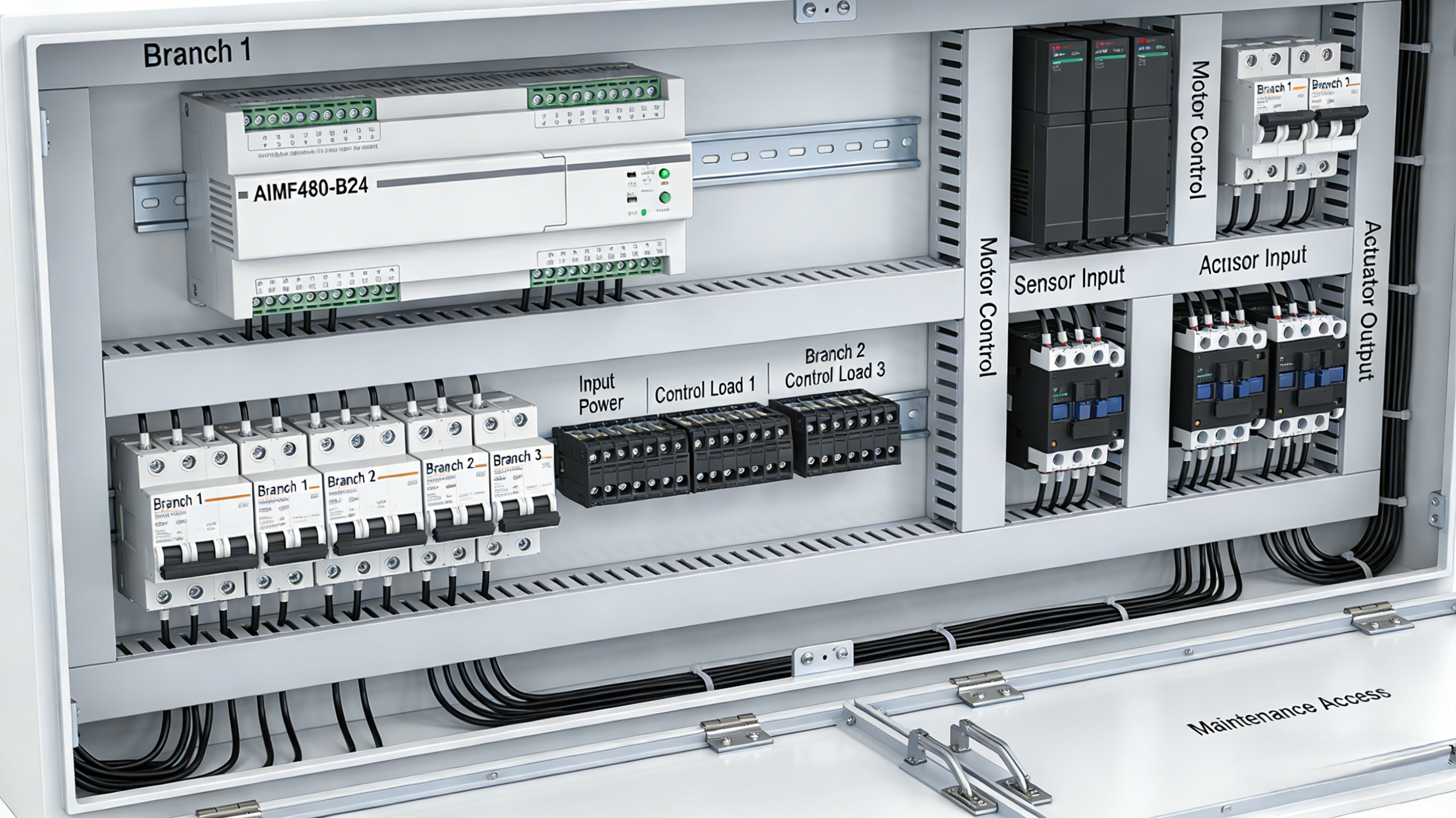 24VDC power distribution layout using the AIMF480-B24 with branch protection, labeled terminals, segregated loads, and clean service access in a control panel.