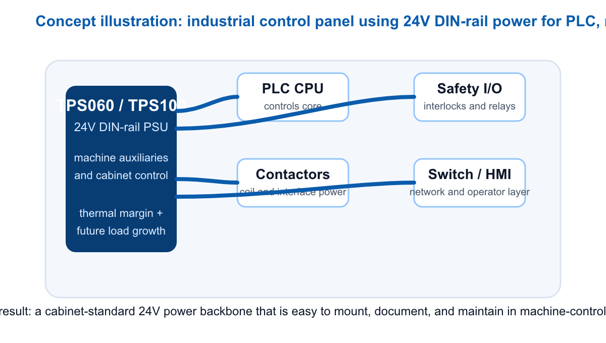Generated concept illustration of an industrial control panel using a 24V TPS060 or TPS100 DIN-rail power supply to feed PLC CPU, safety I/O, contactors, switch, and HMI devices.