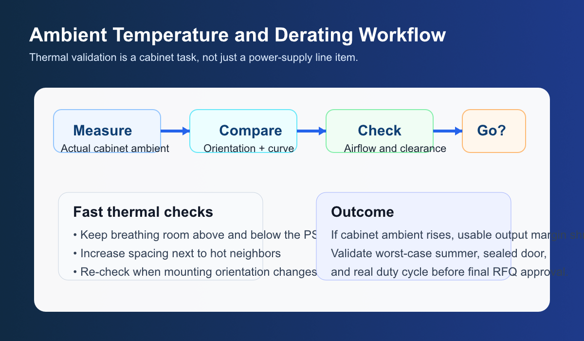 Generated workflow diagram for validating PSU derating with cabinet ambient temperature, mounting orientation, clearance, and airflow checks.