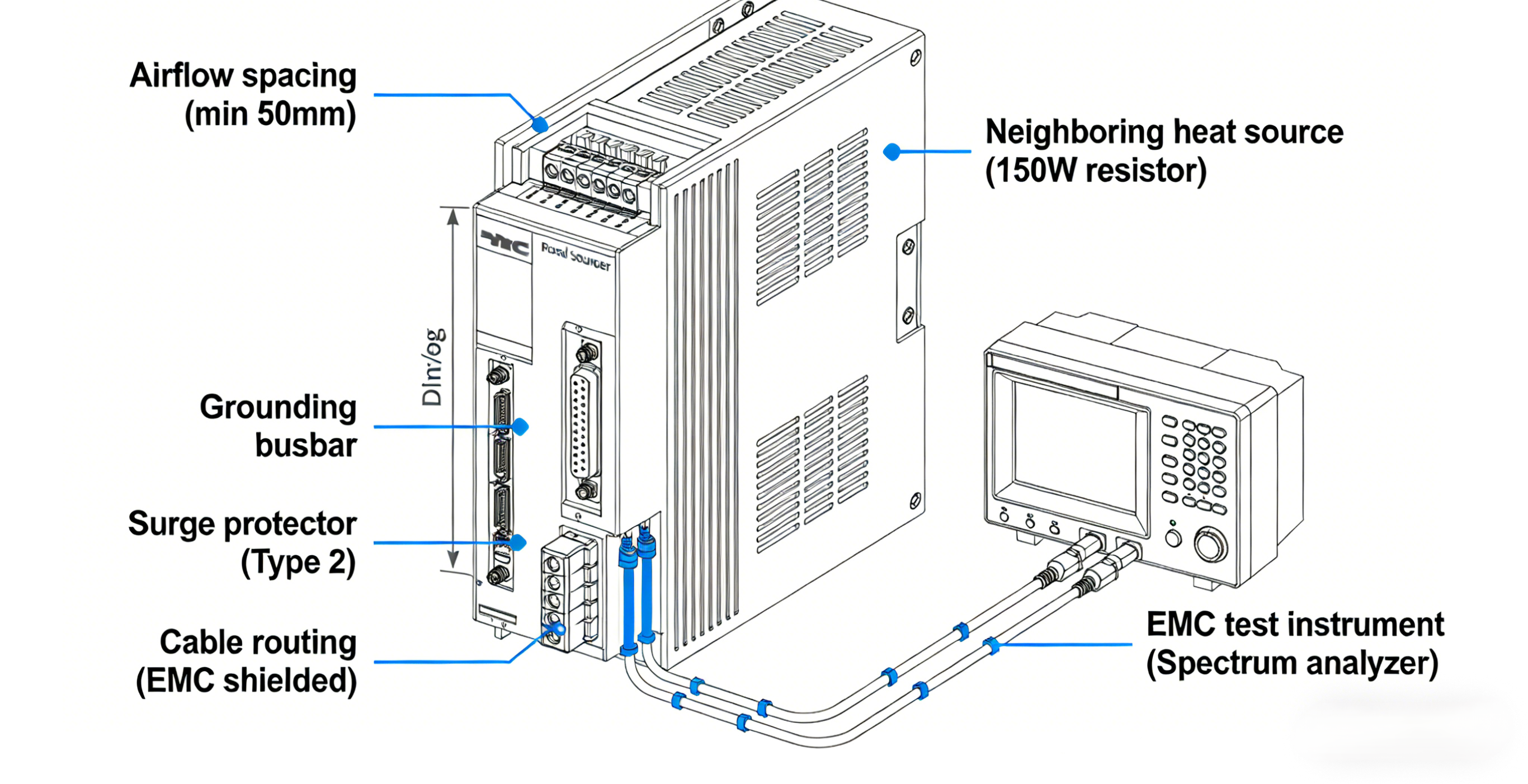 Thermal and EMC validation setup for a DIN-rail power supply inside an industrial enclosure, including airflow spacing, grounding, surge protection, and test instrumentation.