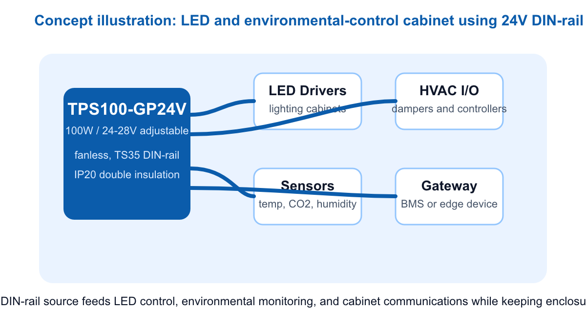 Generated concept illustration of an LED and environmental-control cabinet powered by a TPS100-GP24V DIN-rail power supply feeding LED drivers, HVAC I/O, sensors, and a gateway.