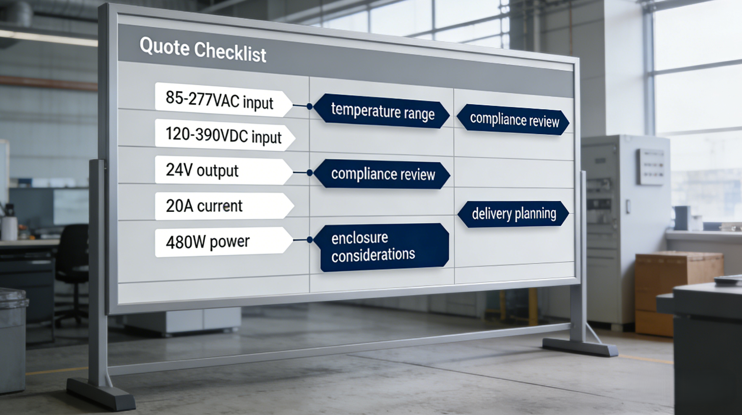 Procurement and RFQ planning board for the AIMF480-B24 showing input range, output current, temperature, enclosure rating, compliance, and delivery checklist.