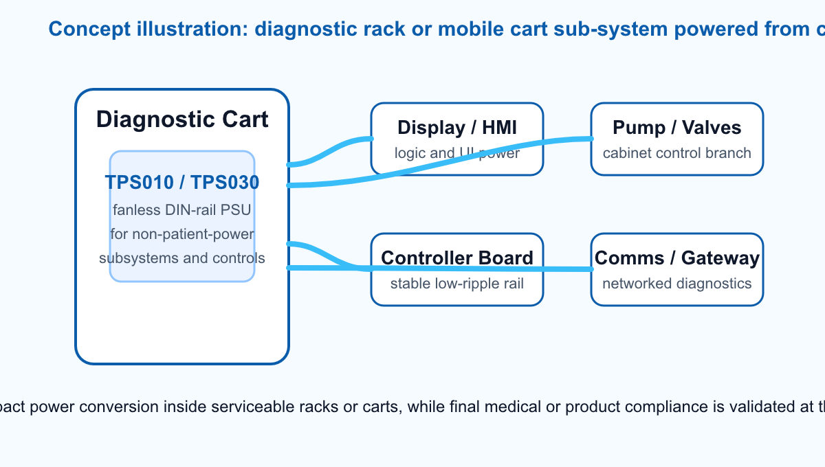 Generated concept illustration of a diagnostic rack or mobile cart using compact TPS010 or TPS030 DIN-rail power supplies for display, controller board, pump or valve controls, and communications subsystems.