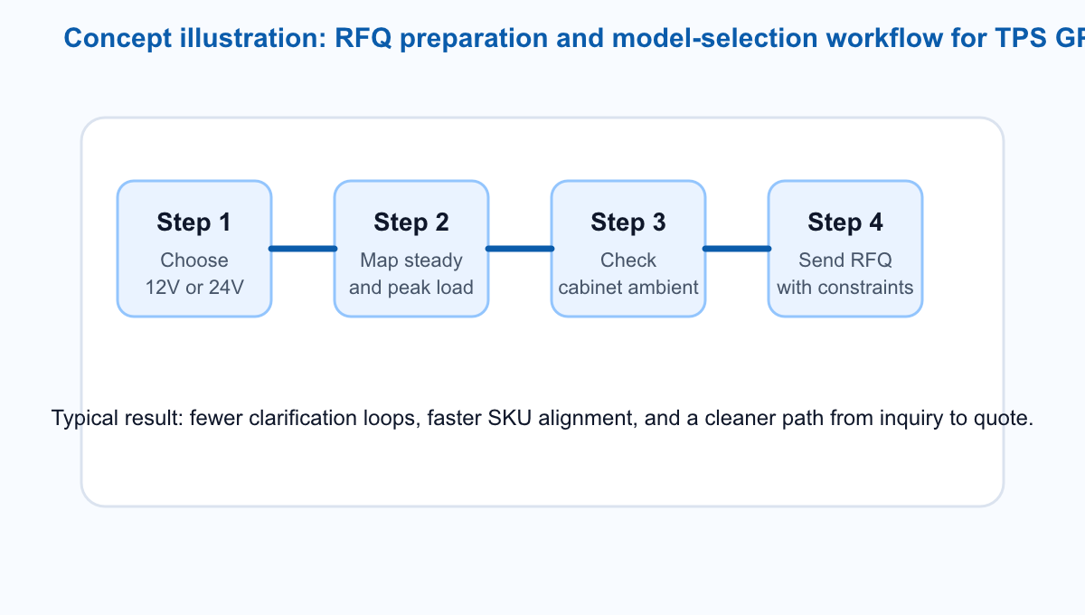 Generated concept illustration of an RFQ preparation workflow for TPS GP Series DIN-rail power supplies showing steps for voltage choice, load mapping, cabinet temperature check, and quote submission.