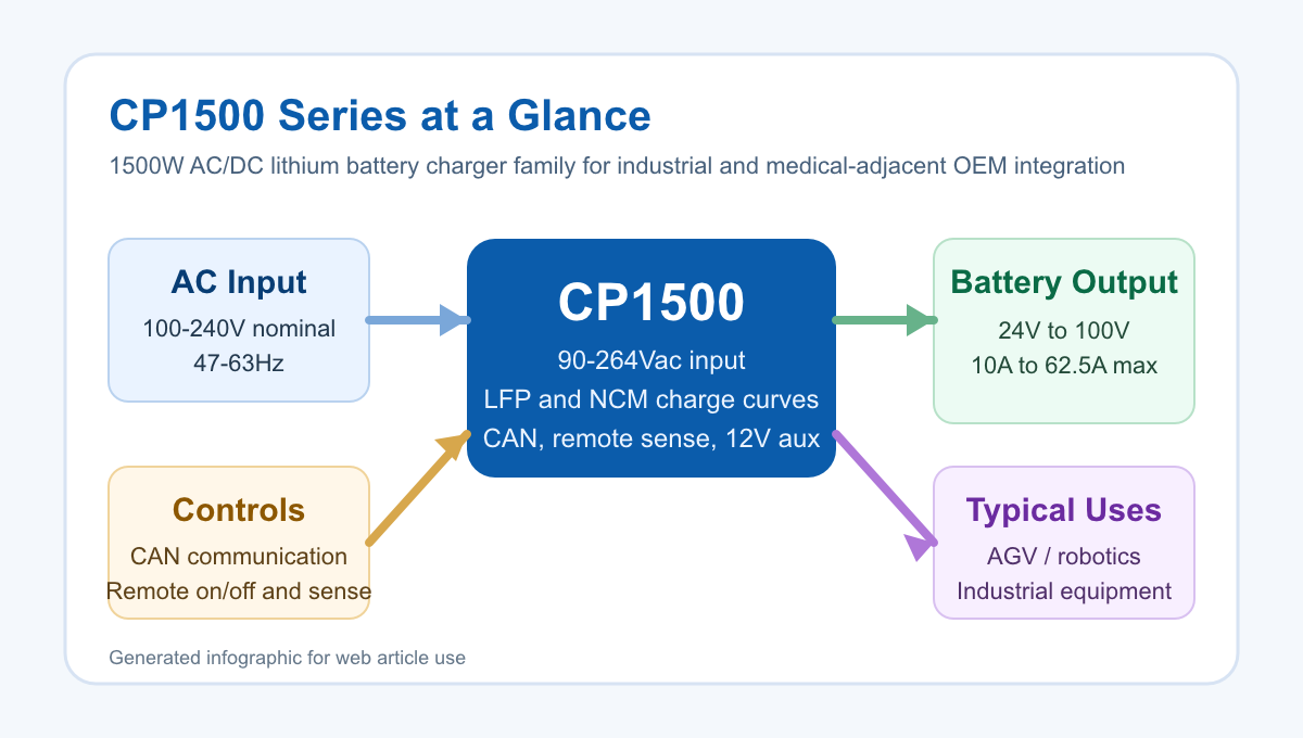 Generated overview infographic showing the CP1500 Series between AC input, charger controls, battery output, and typical industrial applications.