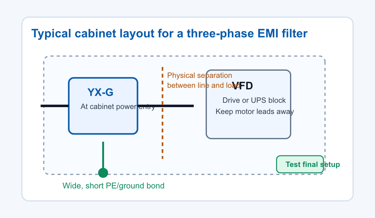 Generated cabinet layout diagram showing the YX-G EMI filter near the cabinet power entry, the drive section downstream, short ground bonding, and physical separation between line and load wiring.