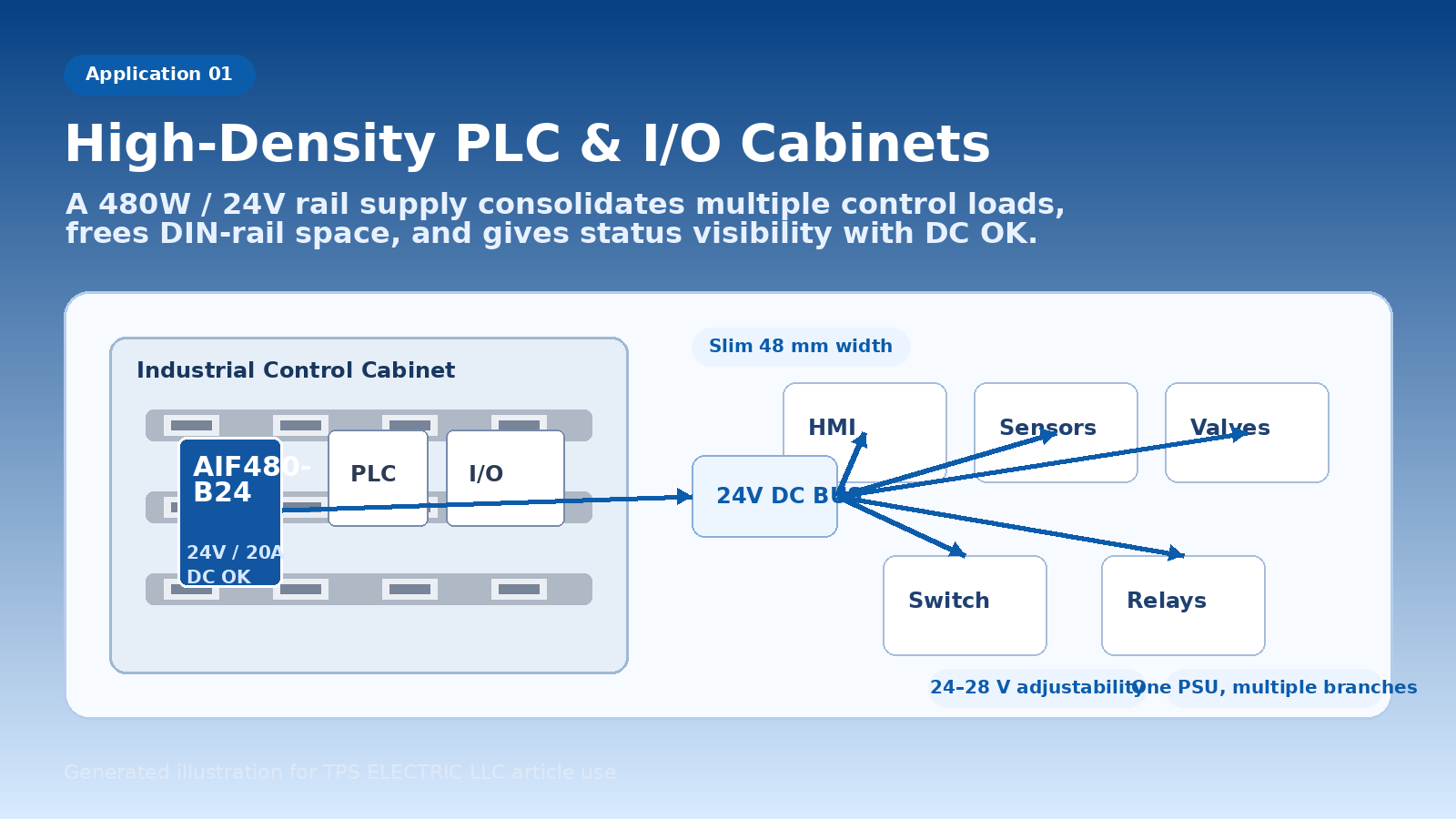 Generated illustration of a high-density industrial control cabinet using AIF480-B24 to feed a 24V DC bus for PLC, I/O, HMI, sensors, valves, switch, and relays.