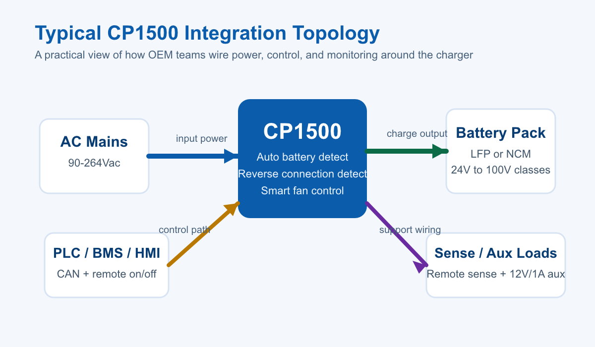 Generated integration diagram for CP1500 showing AC mains input, charger block, battery pack, CAN control, remote on off, remote sense, and 12V auxiliary output.