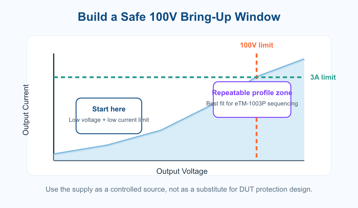 Operating window chart showing a safe bring-up zone for a 100V 3A 300W bench supply, with controlled current limiting and the 100V ceiling marked.