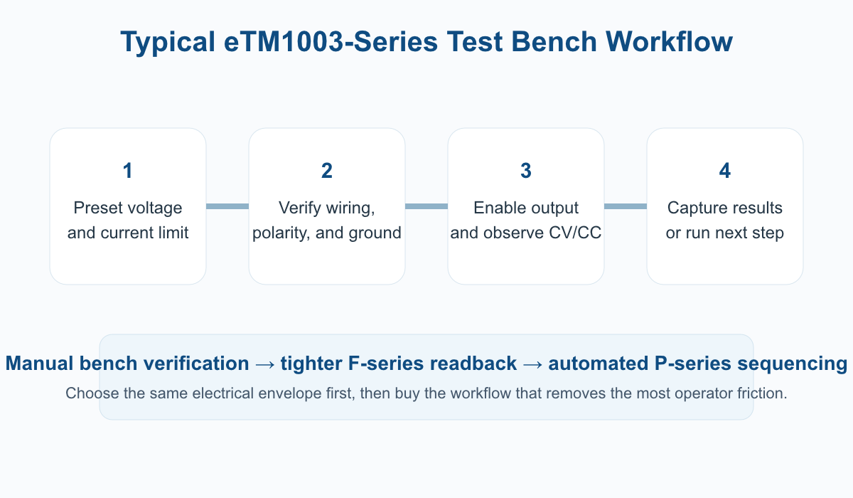 Four-step workflow diagram for an eTM1003 Series test bench: preset output, verify wiring, enable output and observe CV/CC, then capture results or proceed to the next step.