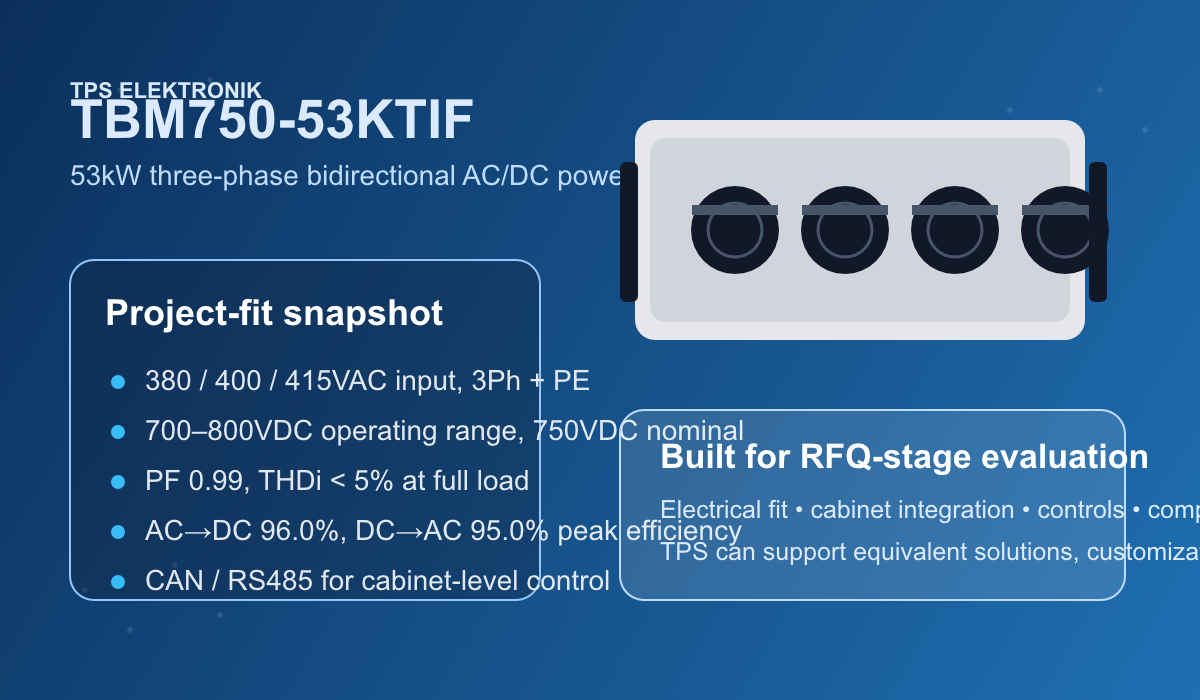 SVG overview of the TBM750-53KTIF bidirectional power module showing 53kW power class, 750VDC nominal bus, and three-phase AC integration points