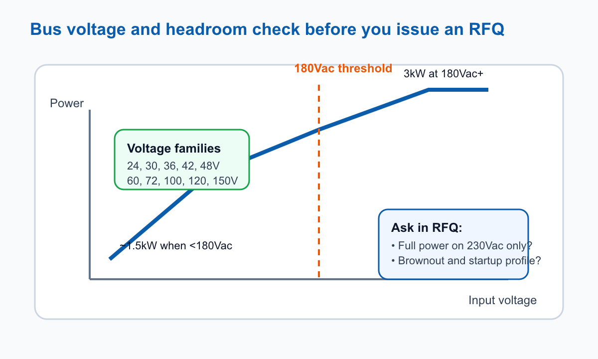 SVG chart showing PFS3000 power availability versus input voltage, including the 180Vac threshold and a note that output is derated to about 1.5kW below 180Vac.