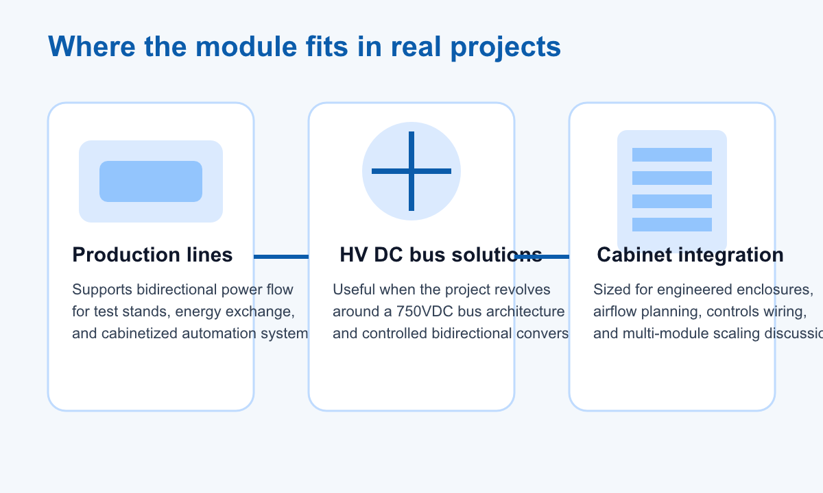 SVG application diagram showing TBM750-53KTIF used in production lines, high-voltage DC bus systems, and cabinet integration projects