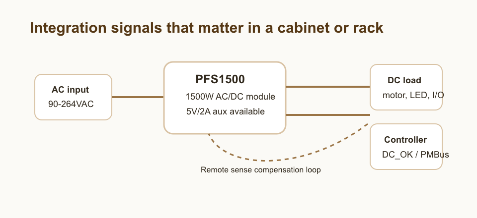 SVG cabinet integration diagram showing AC input, PFS1500 module, DC load, controller, DC_OK, PMBus, auxiliary output, and remote sense feedback.