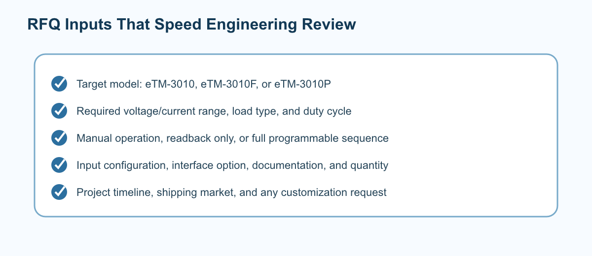 RFQ checklist for specifying eTM-3010, eTM-3010F, or eTM-3010P with model, load, workflow, interface, documentation and timeline inputs