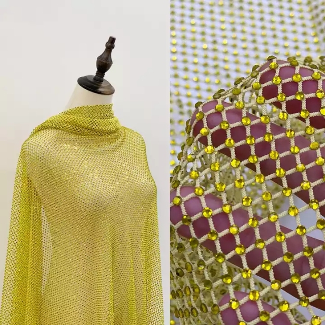 100*120CM Yellow Netting with Citrine Rhinestone Mesh