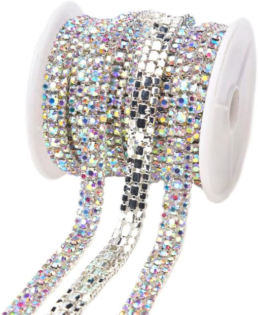 Shiny 3 Rows Crystal AB with Silver Color Metal Rhinestone Close Chain