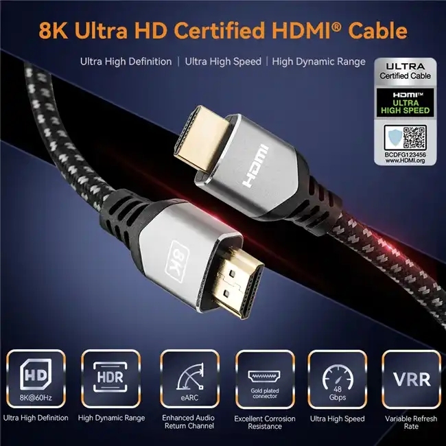 Certified HDMI 2.1 Cable with Aluminum Shell,Cotton Mesh sleeve - Ultra HD 8K@60Hz, 4K@120Hz, 48Gbps Bandwidth for Home Theater, Gaming, and Professional AV Systems