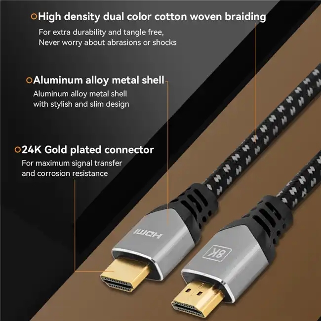 Certified HDMI 2.1 Cable with Aluminum Shell,Cotton Mesh sleeve - Ultra HD 8K@60Hz, 4K@120Hz, 48Gbps Bandwidth for Home Theater, Gaming, and Professional AV Systems