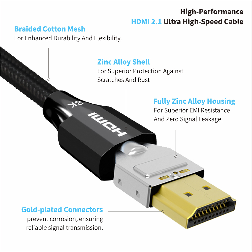 Certified HDMI 2.1 Cable with Zinc Alloy Connector & Nylon Sleeve - Ultra HD 8K@60Hz, 4K@120Hz, 48Gbps Bandwidth for Home Theater, Gaming, and Professional AV Systems