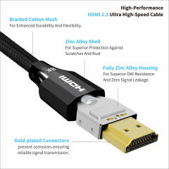 Certified HDMI 2.1 Cable with Zinc Alloy Connector & Nylon Sleeve - Ultra HD 8K@60Hz, 4K@120Hz, 48Gbps Bandwidth for Home Theater, Gaming, and Professional AV Systems