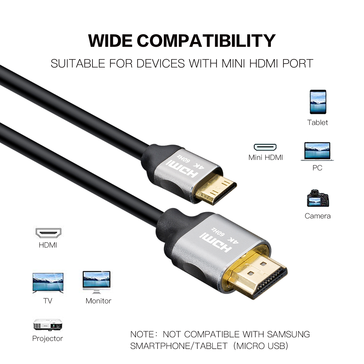 HDMI 2.0 Cable, HDMI to Mini HDMI with Aluminum Shell - Ultra HD 4K@60Hz, 18Gbps Bandwidth, Slim Design (OD4.8mm) for Cameras, Laptops, and Portable Devices