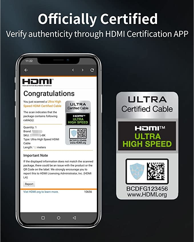 Certified HDMI 2.1 Cable with Zinc Alloy Connector & Cotton Mesh - Ultra HD 8K@60Hz, 4K@120Hz, 48Gbps Bandwidth for Home Theater, Gaming, and Professional AV Systems