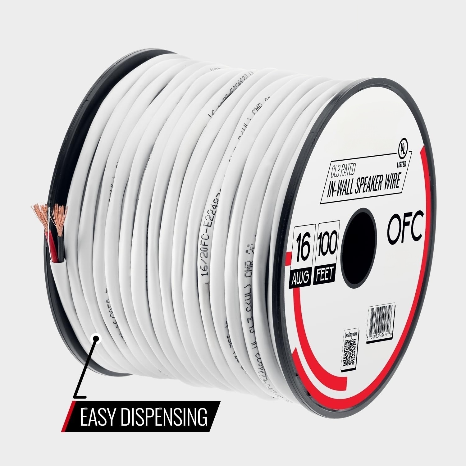 Premium Performance In-Wall Audio Speaker Wire Cable,2 Conductors.BC Condcutor,  -CL3 Rated PVC White - for Home Theater, HiFi, and Surround Sound Systems