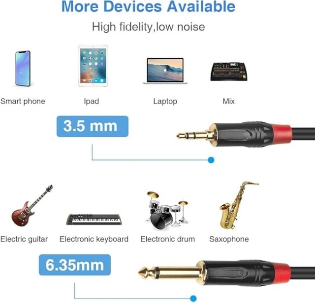 Middle end 1/4" TS to 1/8" TRS Cable – 24AWG OFC Conductor & Double Shielding for Mono to Stereo Audio Conversion, Ideal for Instruments, Mixers, and Audio Interfaces