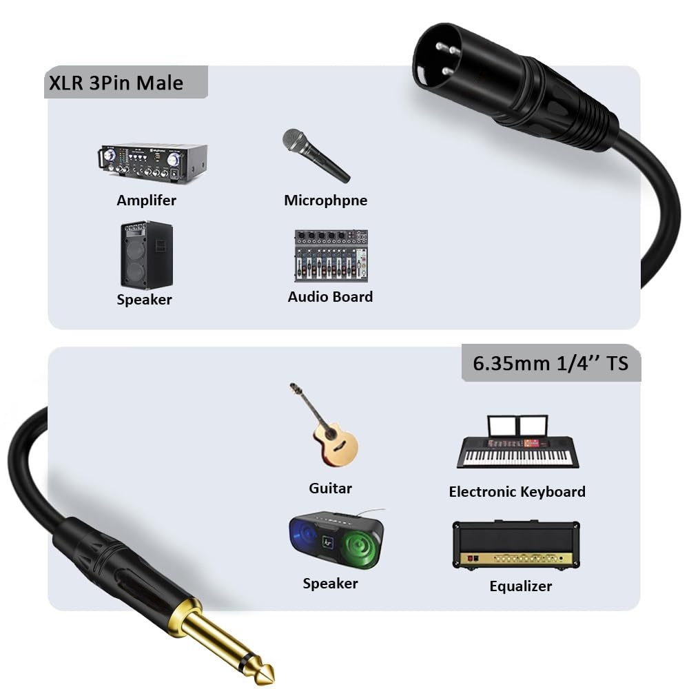 Middle end 1/4" TS to XLR Male Microphone Cable – 24AWG OFC Conductor & Double Shielding for Studio & Live Audio