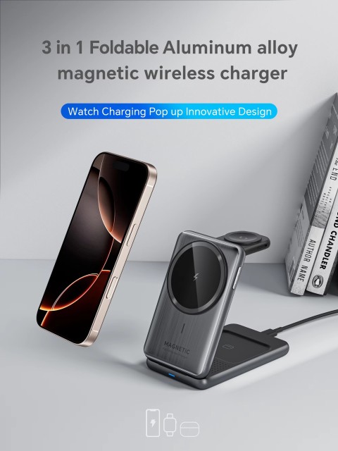 Qi2 Certified 15W Foldable Magnetic 3-in-1 Wireless Charger – Compact Charging Dock for iPhone, Apple Watch & AirPods