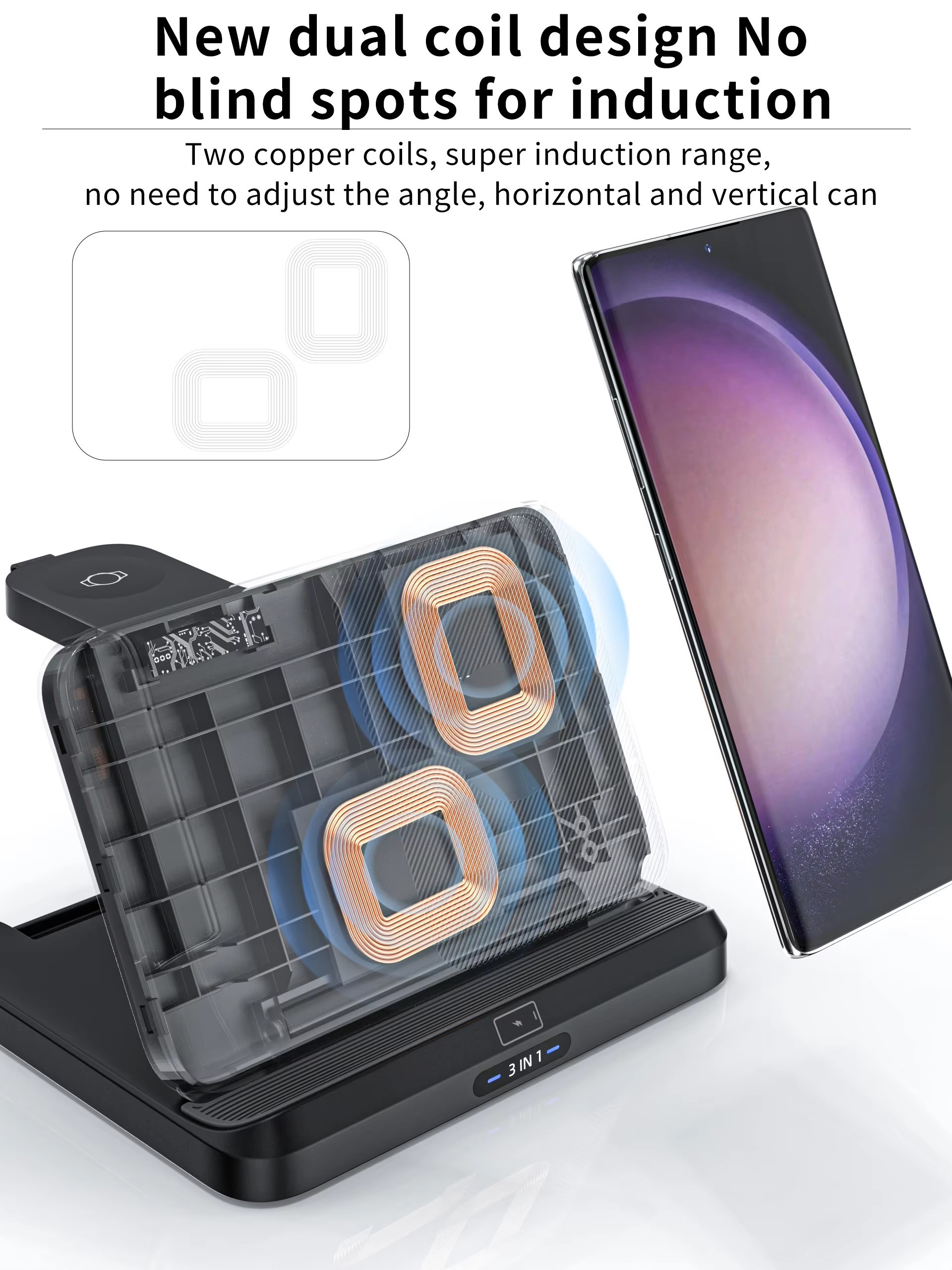 15W Foldable Extra-Large Dual-Coil 3-in-1 Wireless Charger – Detachable Galaxy Watch Pad, Compatible with Samsung Galaxy Z Fold, S Series & More