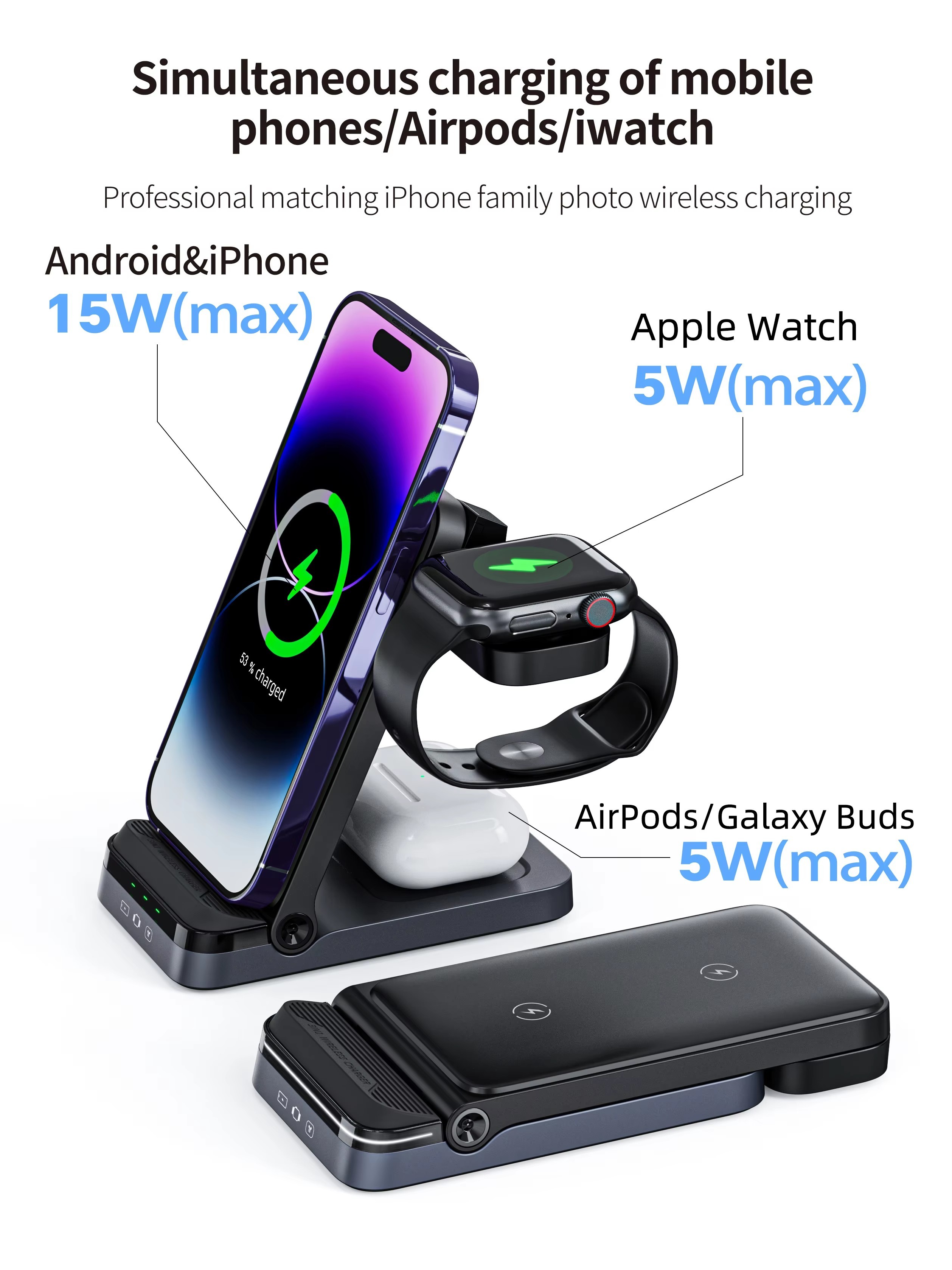 15W Foldable Dual-Coil 3-in-1 Wireless Charger – Universal Fast Wireless Charging Stand for Phone, Watch & Earbuds