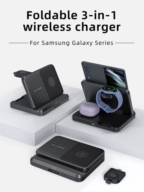 15W Foldable Extra-Large Dual-Coil 3-in-1 Wireless Charger – Detachable Galaxy Watch Pad, Compatible with Samsung Galaxy Z Fold, S Series & More