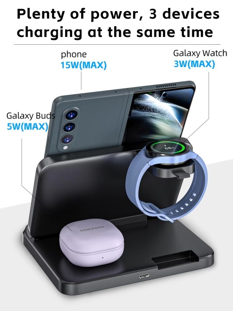 15W Foldable Extra-Large Dual-Coil 3-in-1 Wireless Charger – Detachable Galaxy Watch Pad, Compatible with Samsung Galaxy Z Fold, S Series & More