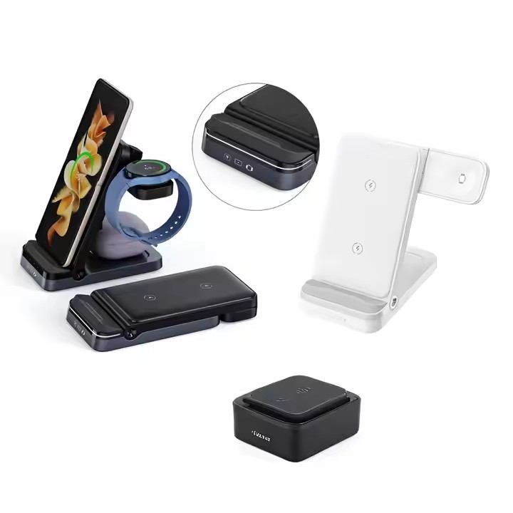 15W Foldable Dual-Coil 3-in-1 Wireless Charger – Universal Fast Wireless Charging Stand for Phone, Watch & Earbuds