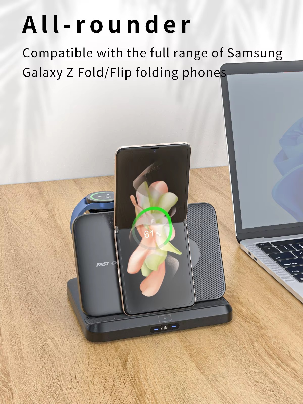 15W Foldable Extra-Large Dual-Coil 3-in-1 Wireless Charger – Detachable Galaxy Watch Pad, Compatible with Samsung Galaxy Z Fold, S Series & More