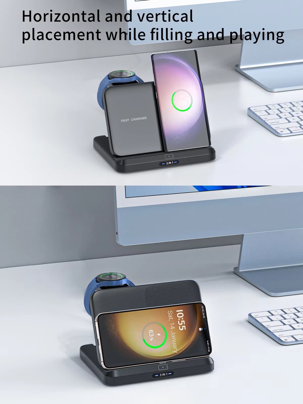 15W Foldable Extra-Large Dual-Coil 3-in-1 Wireless Charger – Detachable Galaxy Watch Pad, Compatible with Samsung Galaxy Z Fold, S Series & More