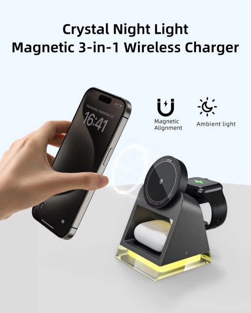 15W Magnetic 3-in-1 Wireless Charger with Night Light – Fast Charging Dock for iPhone, Android, Watch & airpods