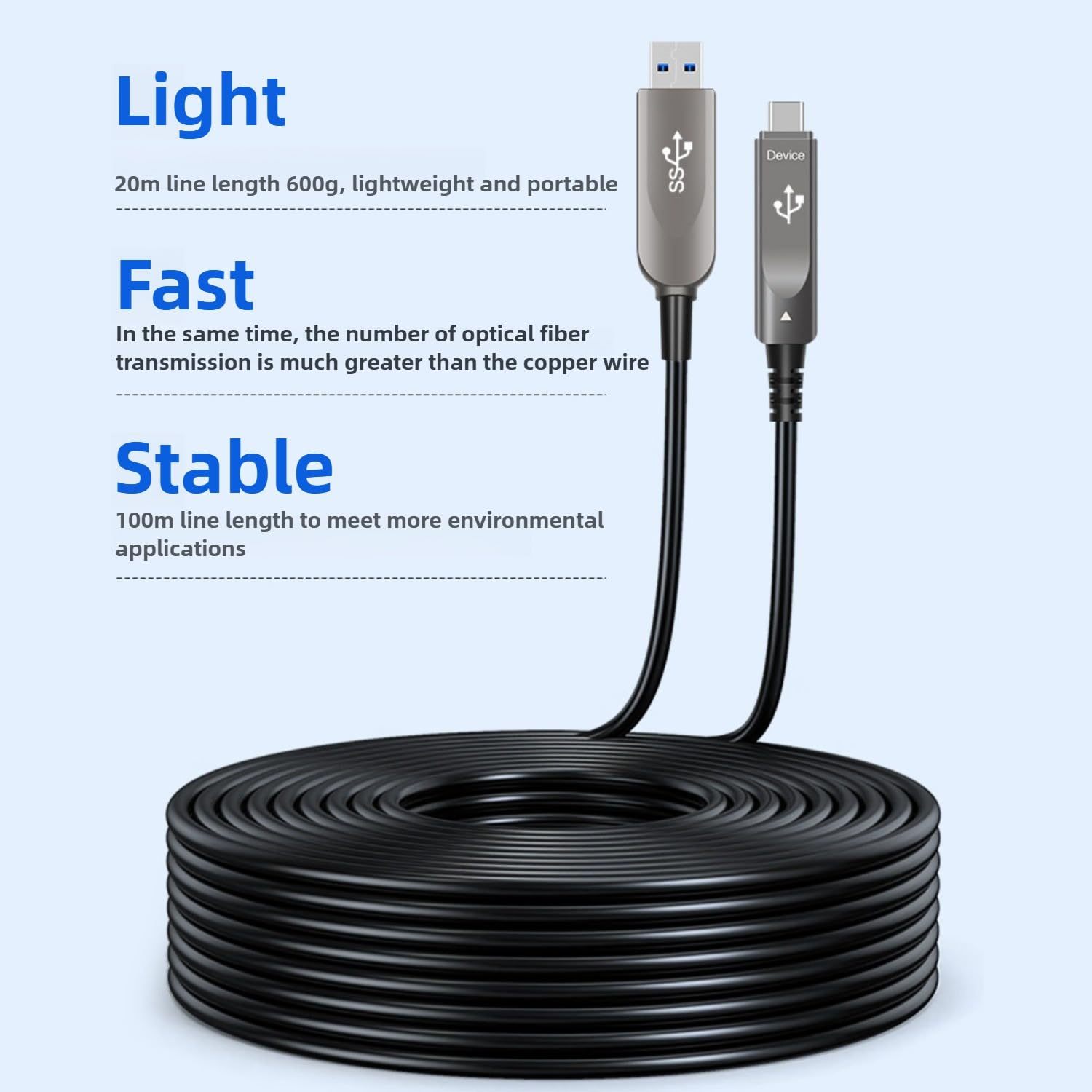 Fiber Optic USB 3.2 Gen2 Cable, Type-A to USB-C, 10Gbps High-Speed, Long-Distance Signal Transmission