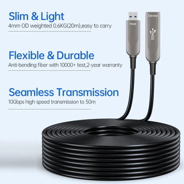 Fiber Optic USB 3.2 Gen2 Extension Cable, 10Gbps High-Speed Type-A to Type-A Female, Long Distance) Transmission, EMI/RFI Resistant