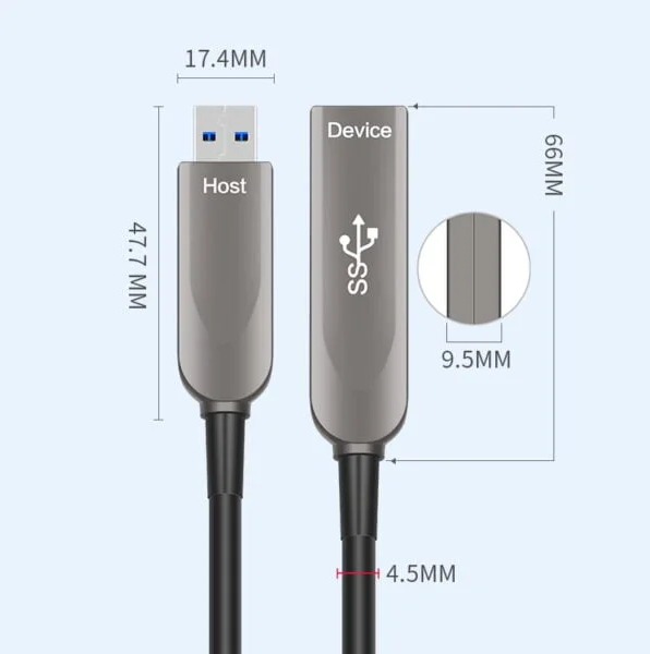 Fiber Optic USB 3.2 Gen2 Extension Cable, 10Gbps High-Speed Type-A to Type-A Female, Long Distance) Transmission, EMI/RFI Resistant
