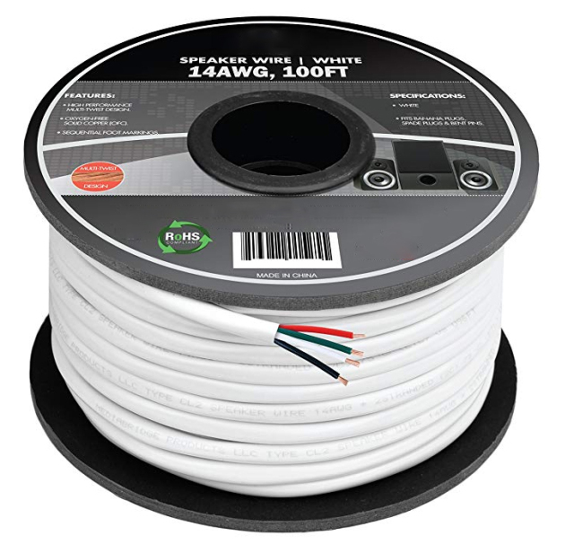 Premium Performance In-Wall Audio Speaker Wire Cable, 4 Conductors – Bare copper conductor ,CL2 Rated, PVC White - for Home Theater, HiFi, and Surround Sound Systems