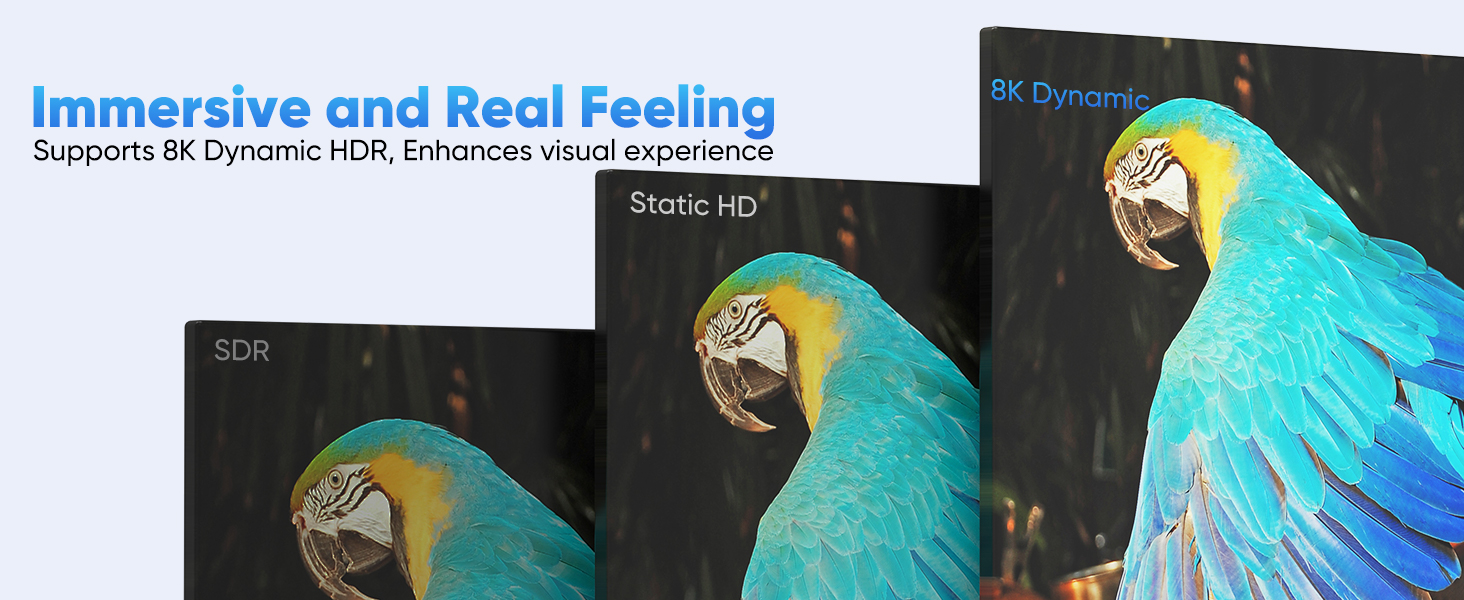 8K dynamic HDR display with HDMI 2.1 cable connected to 8K TV